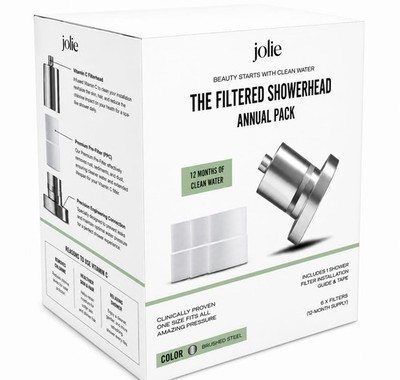 Jolie Filtered Shower head, Brushed steel, Annual Pack Filter Refills, high flow