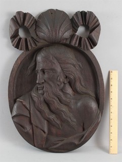 Large Antique Carved Dark Fumed Oak Wood Portrait Scholar Wall Plaque Carving