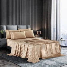 6 Piece Satin Italian Style Bed Sheet Set Deep Pocket Striped 1800 Luxury Ric...