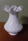 Vintage Fenton Silver Crest White Milk Glass Spanish Lace Ruffled Vase 8”