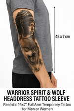 Warrior Spirit  Wolf Headdress Tattoo Sleeve Realistic 19x7" Full Arm Temporary