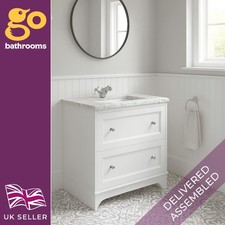 Image of White Bathroom Vanity Unit with Marble Top Sink 2 Drawer Storage Classic 650mm