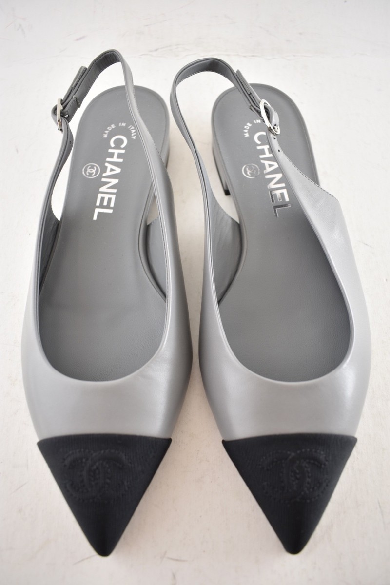 Chanel 24A Gray Leather Black CC Logo Coco Slingback Pointed Toe
