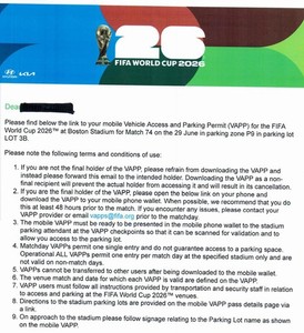 2026 World Cup Parking Pass June 29 (Rnd 32) Gillette Stadium - Zone P9 Lot 3B