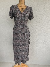 Elan Midi Wrap Dress Black Floral Leaf Puff Sleeve Ruffle Hemline Sz Medium