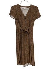 LOFT Leopard Midi Dress Size 0 Petite V Neck Button Front Tie Waist Brown Black