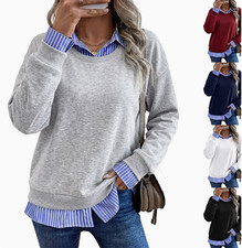 Women's Crew Neck Pullover Sweatshirt Long Sleeve Contrast Cuff Hem Casual Blous