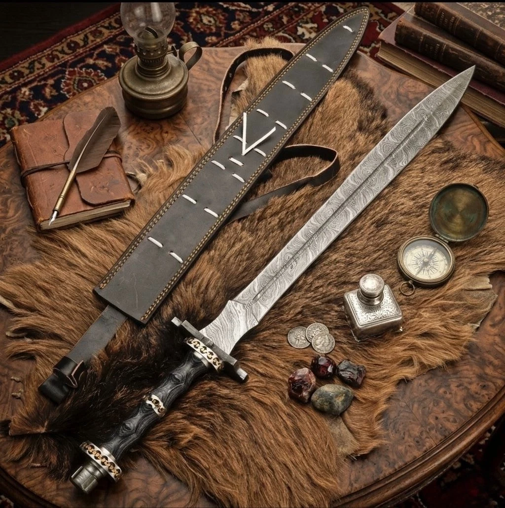 Handmade Damascus Steel Blade Viking Sword Medieval LongSword W Leather Sheath