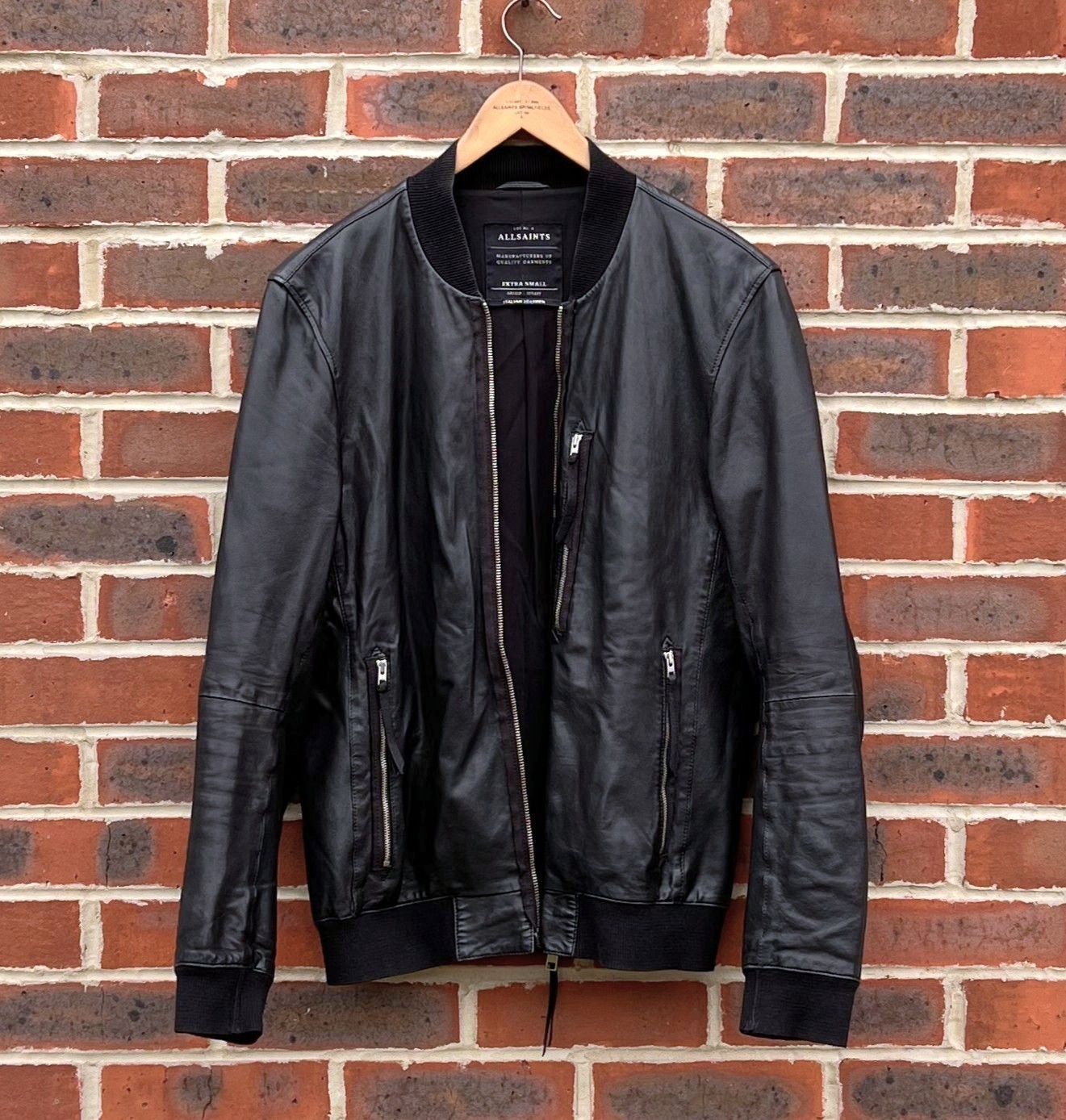 AllSaints BLENHAM Leather Bomber Jacket XS Black Mens Biker Celebrity
