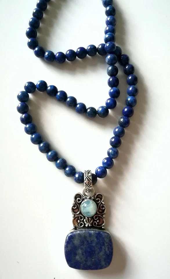 COLLANA LAPISLAZZULI NATURALI CON PENDENTE IN ARGENTO 925 E LARIMAR DEI CARAIBI - Immagine 3 di 4