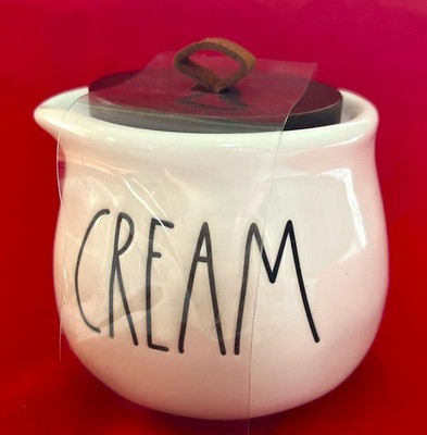 Rae Dunn Farmhouse Creamer w Wood Lid + Leather Loop Artisian Collection New