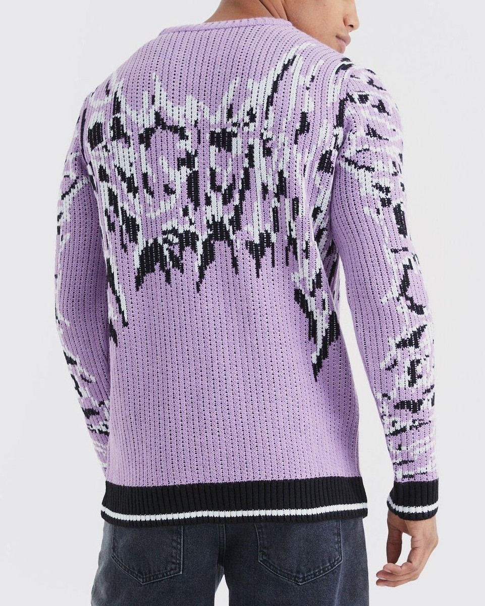 BoohooMAN Ribbed Gothic Print Knit Sweater - Purple Lavender