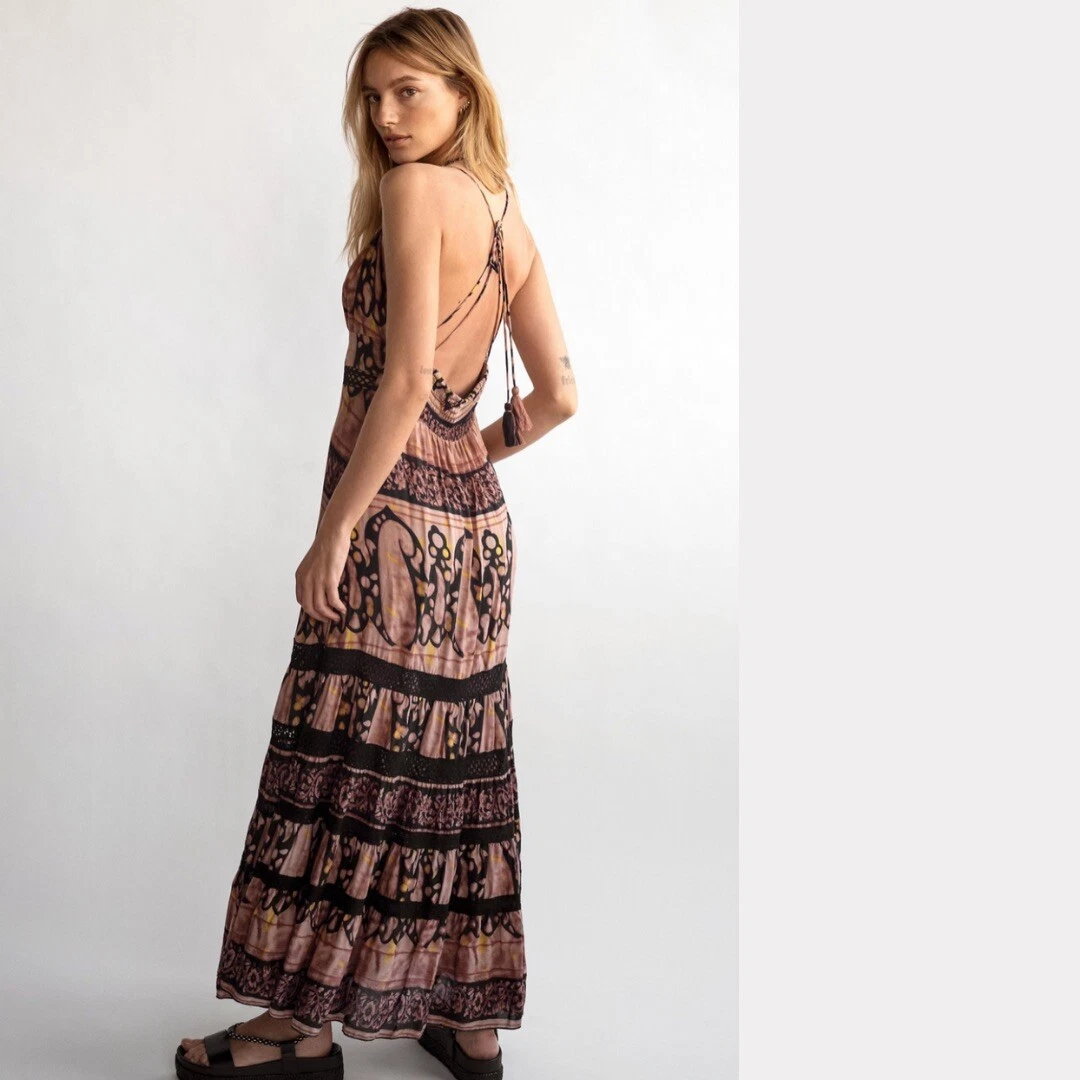 NWT FREE PEOPLE Elektra Maxi Dress Tie Back Halter Tiered Sahara Combo  Large L | eBay