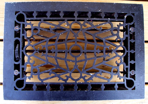 Vintage Ornate Cast Iron Grate Floor Register Vent Top 11" x 16" Bottom 9" x 14"
