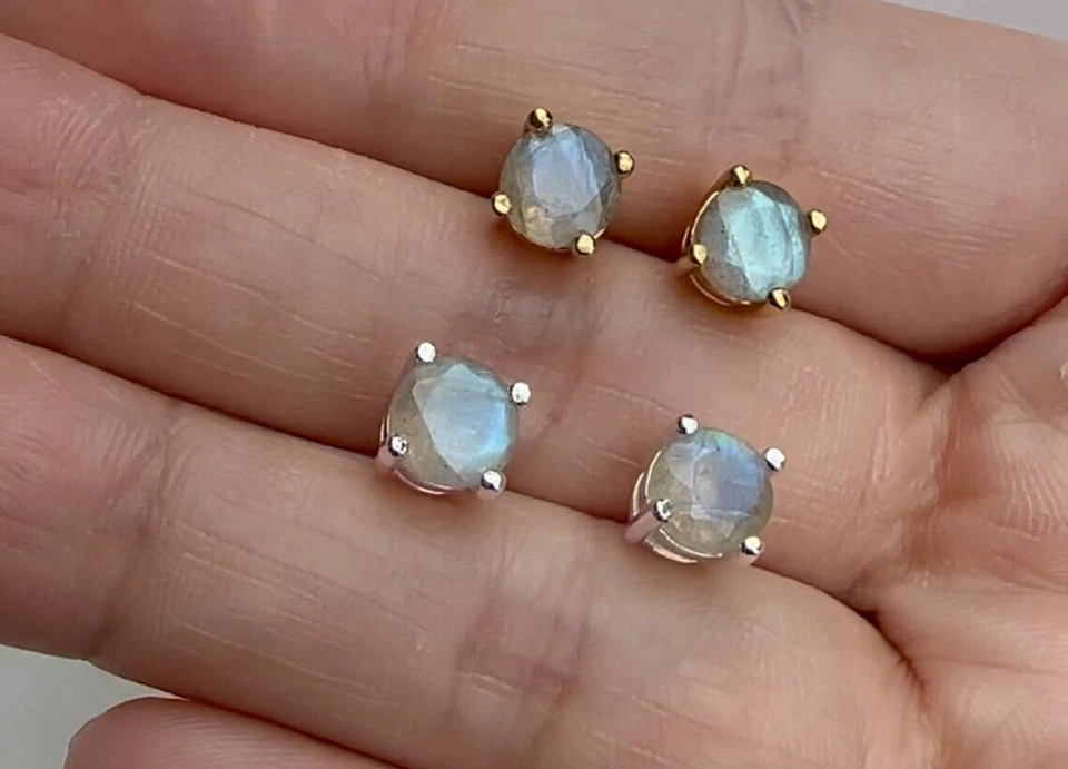 Natural Labradorite Round Cut Stone 925 Sterling Silver Women Tiny Stud Earrings - Image 4 of 4