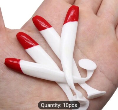 10pc Red/White Artificial Plastic Lure Bionic T-tail Worm Soft Floating Swimbait