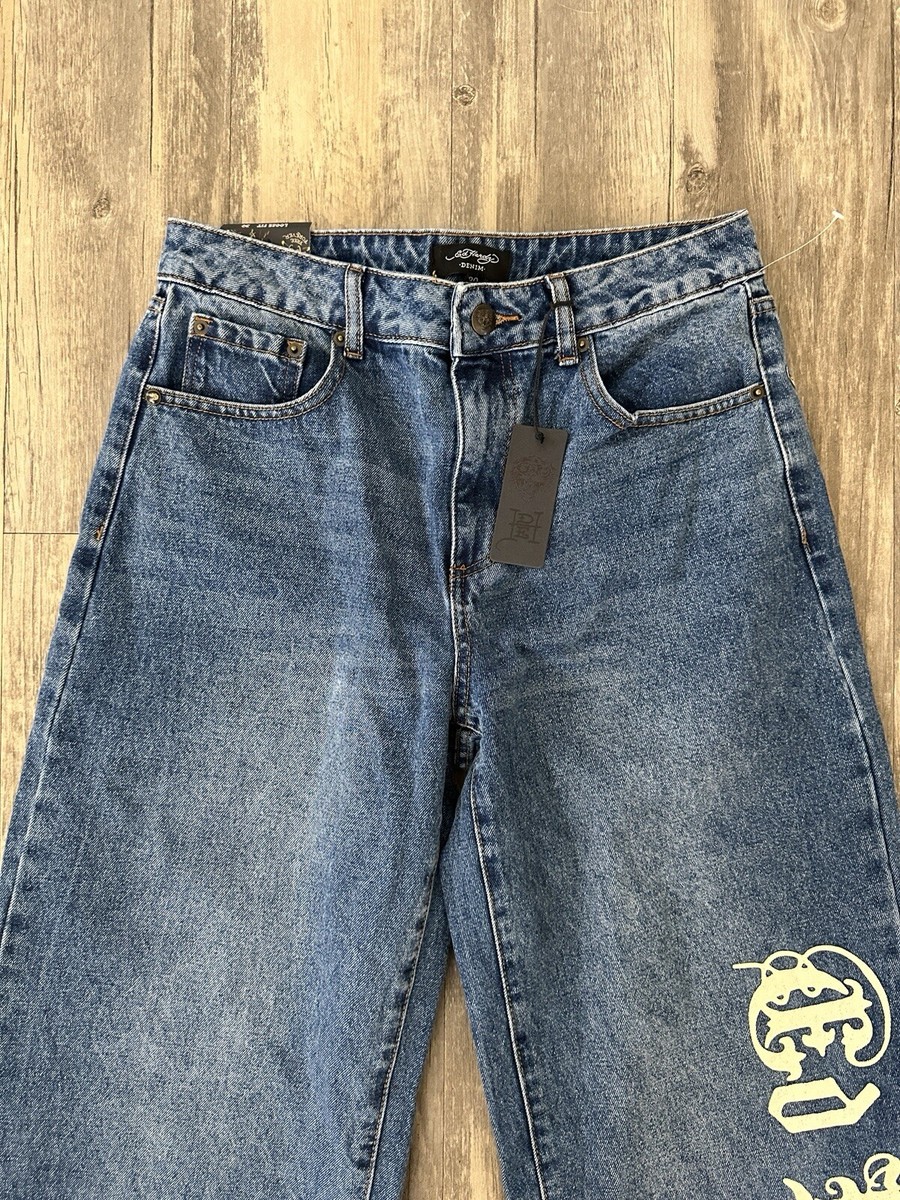 Ed Hardy Y2K Buckle Back Denim Jeans Size 34x32 Wide Leg Baggy