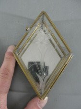 SMALL BRASS DIAMOND SHAPED ETCHED GLASS MIRRORED KEEPSAKE TRINKET JEWELRY BOX