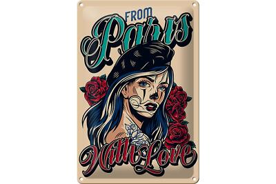 Blechschild Pinup 20x30 cm Tattoo from Paris with love Deko Schild tin sign     