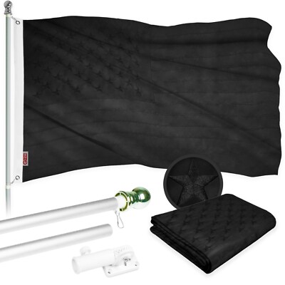 G128 6ft Aluminum Flagpole (Silver) & All Black USA Flag Embroidered 3x5ft