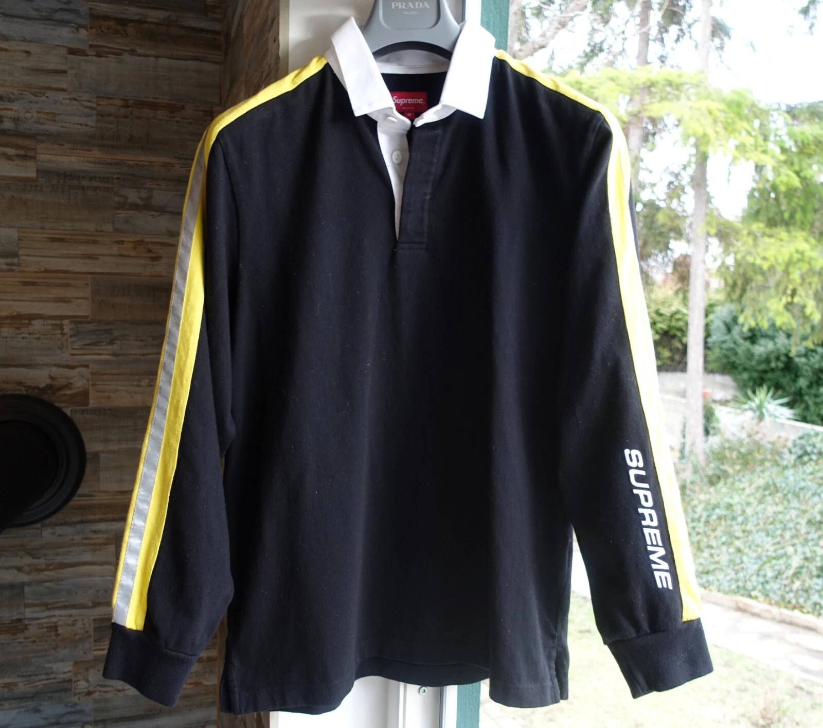 SUPREME SWEATER M logo black polo collar sweatshirt shirt yellow stripe