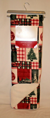 Dream Home 50''x70'' Throw Blanket Red & Green Plaid Trucks / Christmas Trees