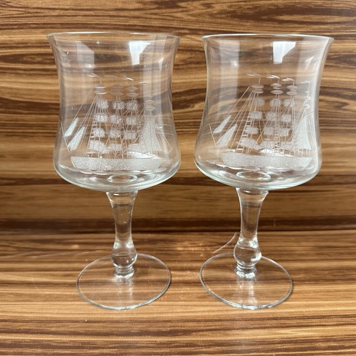2 Kristall Barware Tulpenform Klar Gläser Geätzt Schiff Maritim Ozean Lot