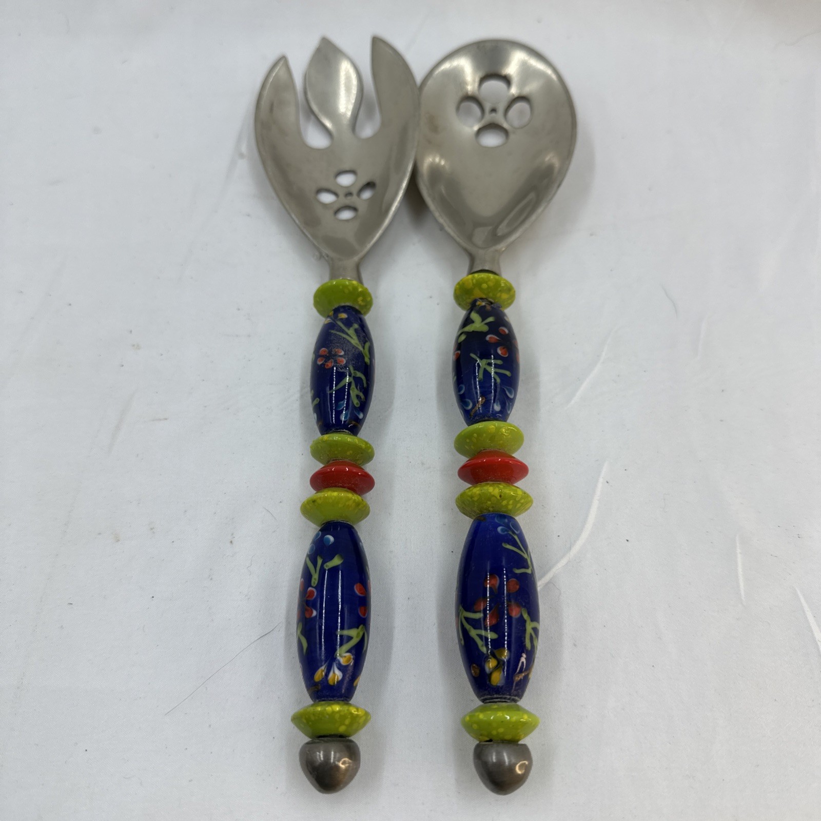 Floral Ceramic Handles Hand painted Salad  Serving Fork and 