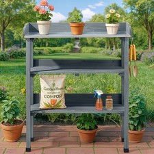 Garden 3-Tier Wooden Potting Table Steel Worktop Work Station 90cm Height UK