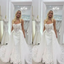 Boho Mermaid Wedding Dresses With Detachable Train Lace Appliques Bridal Gowns