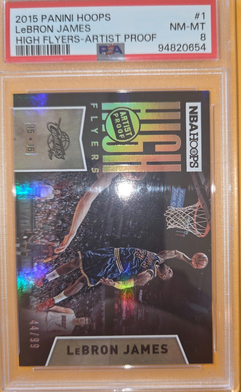 PSA 8 LEBRON JAMES HIGH FLYERS /99 ARTIST PROOF 2015 PANINI NBA HOOPS #1