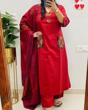 Designer Pakistani Indian Kurti Pant Dupatta Set Women Cotton Salwar Kameez