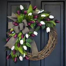 Artificial Tulip Wreath Spring Floral Door Hanging Decor with Rattan Ring