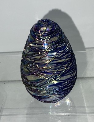 VTG 1992 Glass Eye Studio Egg Iridescent  Threaded  Bubble Paperweight