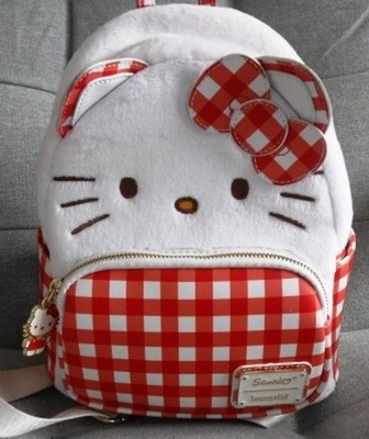 Brandneu ohne Etikett Loungefly offizieller Sanrio ''Hello Kitty'' Mini Rucksack rot/weiß Gingham