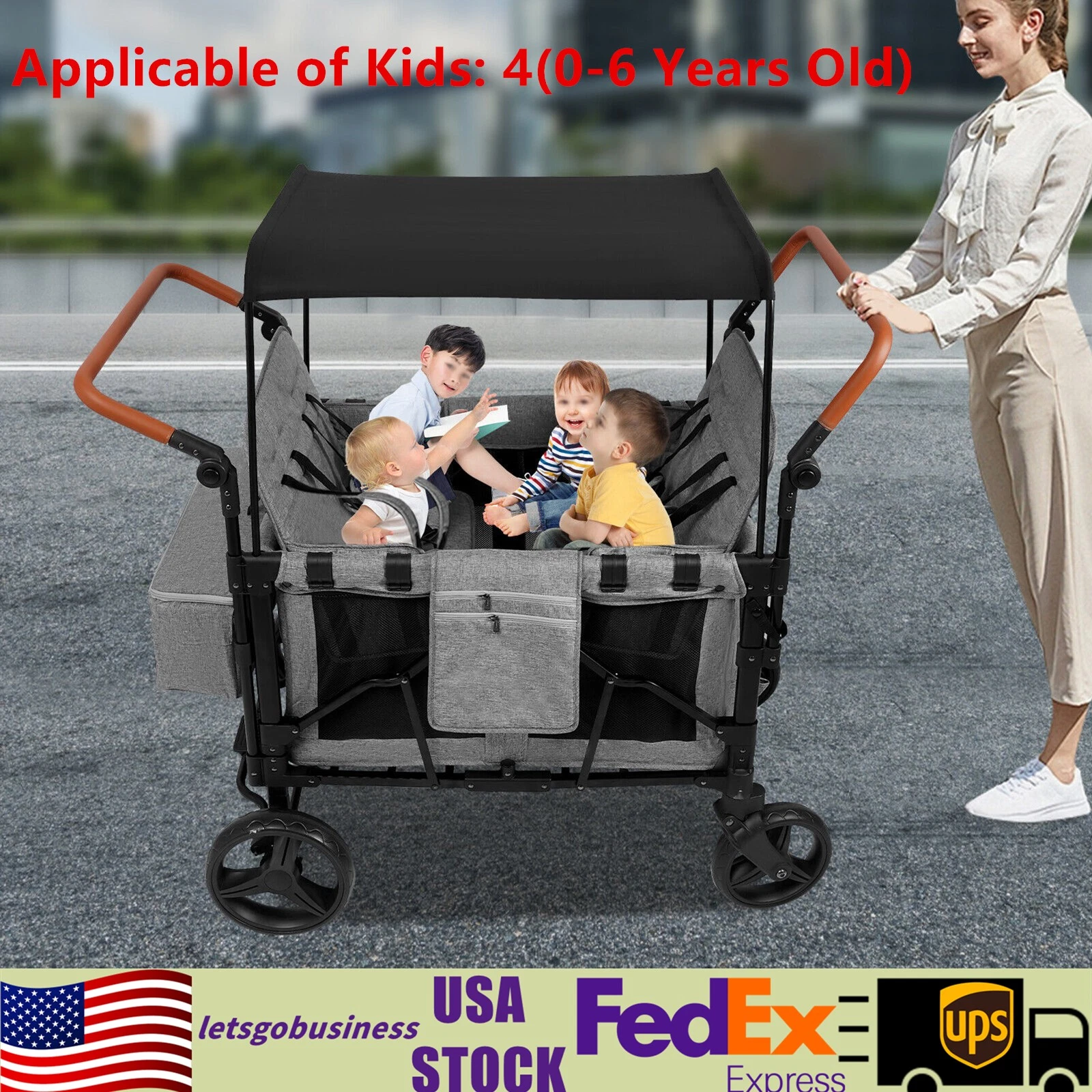 Folding Baby Stroller Wagon Cart For 4 Kids, Face To Face High Seat With Canopy
