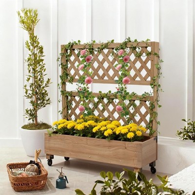 Rustic Wooden Raised Garden Bed Vegetable Planter Grid Box with Climbing Trellis