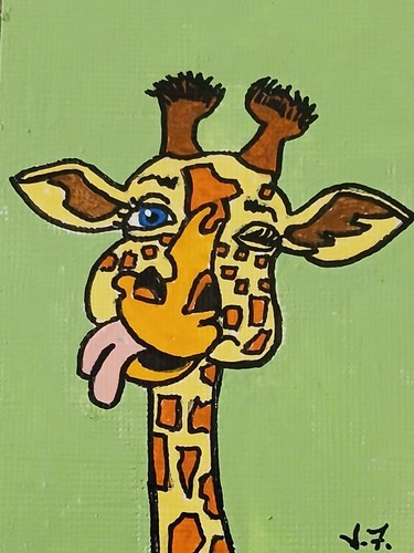 Silly Giraffe ATC ACEO ORIGINAL Mini HAND PAINTED OOAK Signed Suzanne Foster