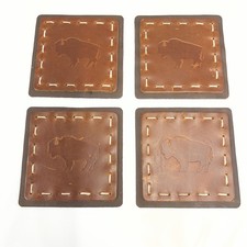 Rustico Buffalo Embossed Brown Leather Coasters Set