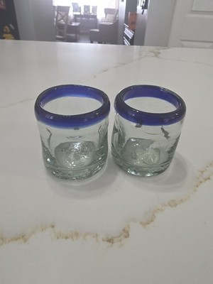 Tlaquepaque Mexico Handblown Glass Blue Rim Dimple Low Ball Glasses 10 oz Set 2