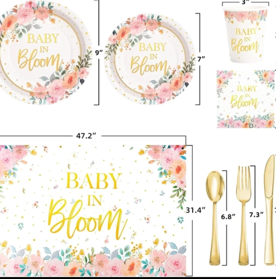 Juego de vajilla de baby shower floral Baby In Bloom (platos, tazas, servilletas, utensilios) Foto 2 de 4