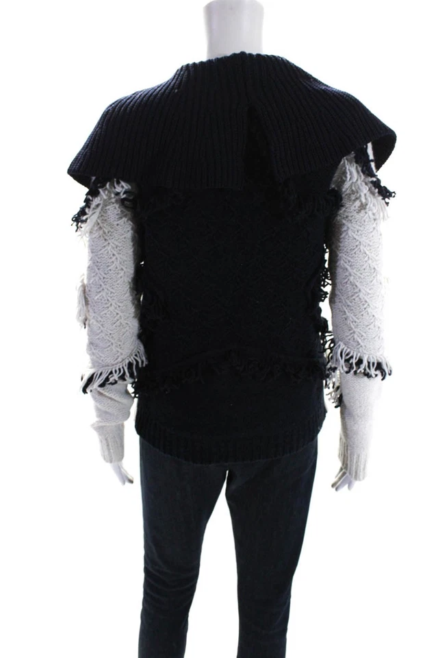 Chaqueta Suéter BCBG Max Azria Mujer Tejido Grueso Flecos Blanco Azul Marino Talla XXS Foto 3 de 4