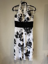 WHBM White Black Floral Print Halter A-line Dress Size 12 Lined Hidden back Zip