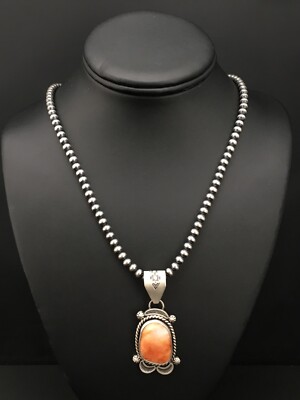 Native Orange Spiny Oyster Pendant Navajo Sterling Silver Necklace 04907