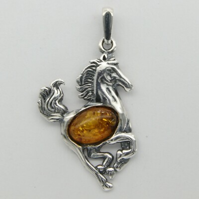 Genuine Cognac / Brown Horse BALTIC AMBER Pendant - 925 STERLING SILVER #4110