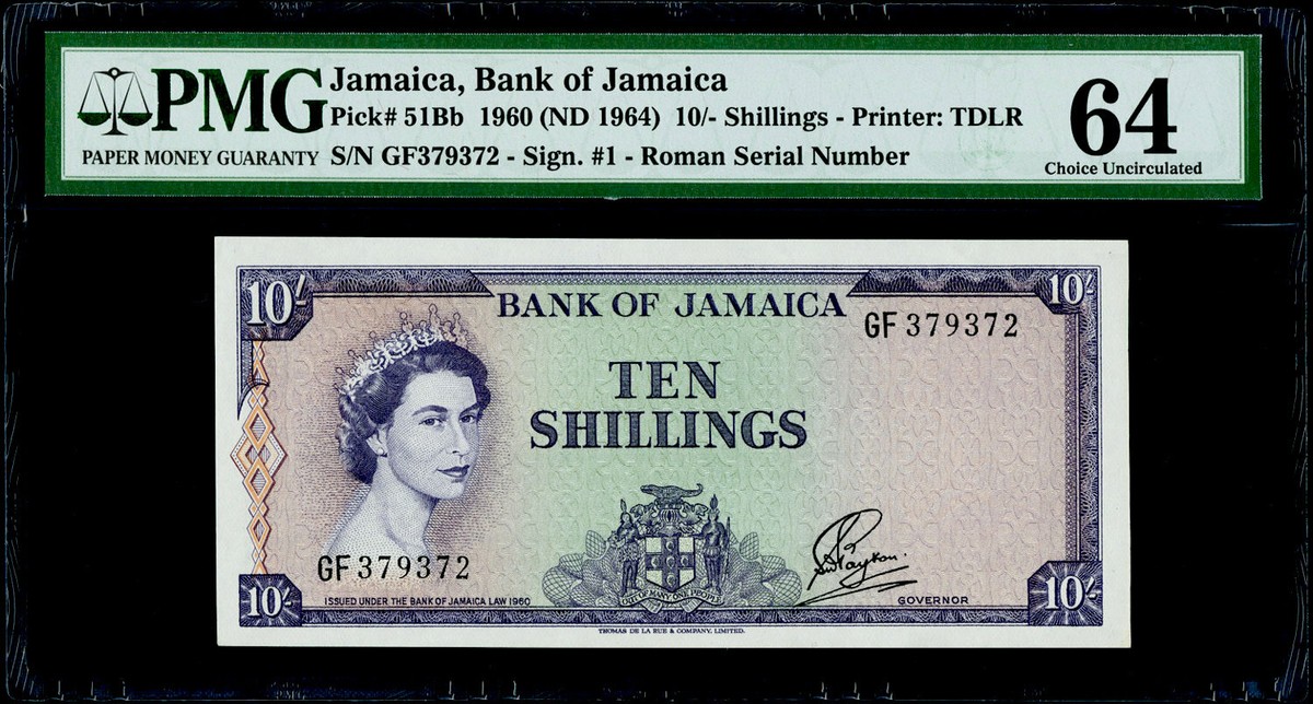 10/- Shillings 1960 Jamaica, Bank of Jamaica Pick# 51Bb PMG 64