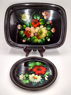 Russian Tole Floral Trays Rectangle & Circle Set of 2