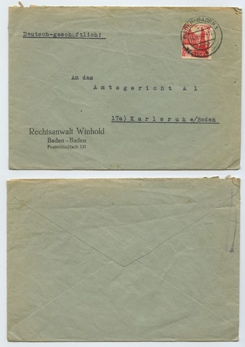 112593 - Beleg Rechtsanwalt Winhold - Baden-Baden 16.9.1937 nach Karlsruhe