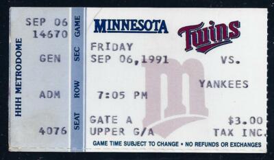 MLB Ticket Stub 9/6/91 1991 Twins vs Yankees Puckett Bernie Williams Mattingly