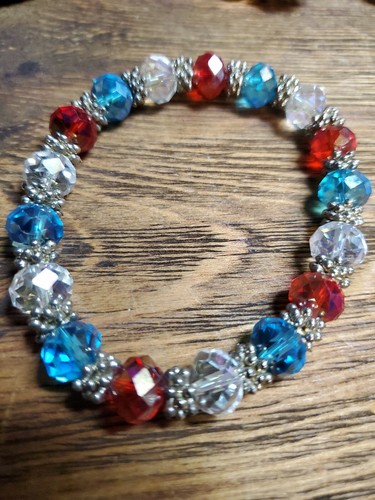 Czech Crystal Bracelet, Clear, Red, &Blue with Silver Rondelle between Them 7," - Picture 8 of 10